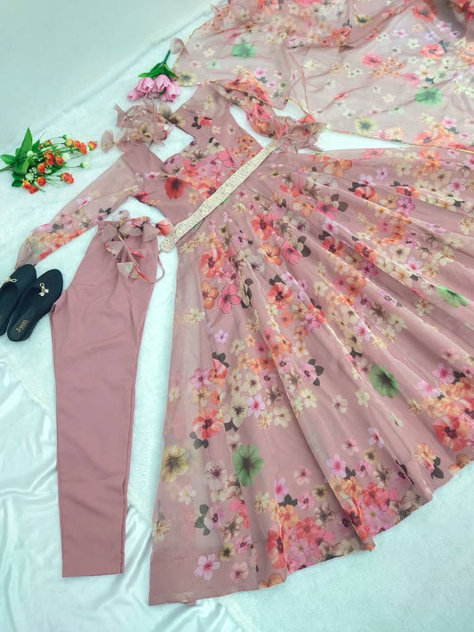 Dusty Pink Color Organza Silk Digital Print Anarkali Gown