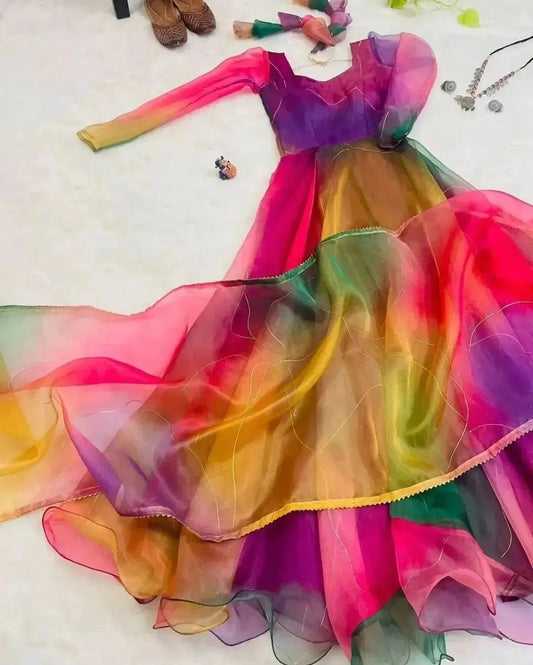 NEW RAINBOW SILK ORGANZA GOWN WITH DUPPATA SET