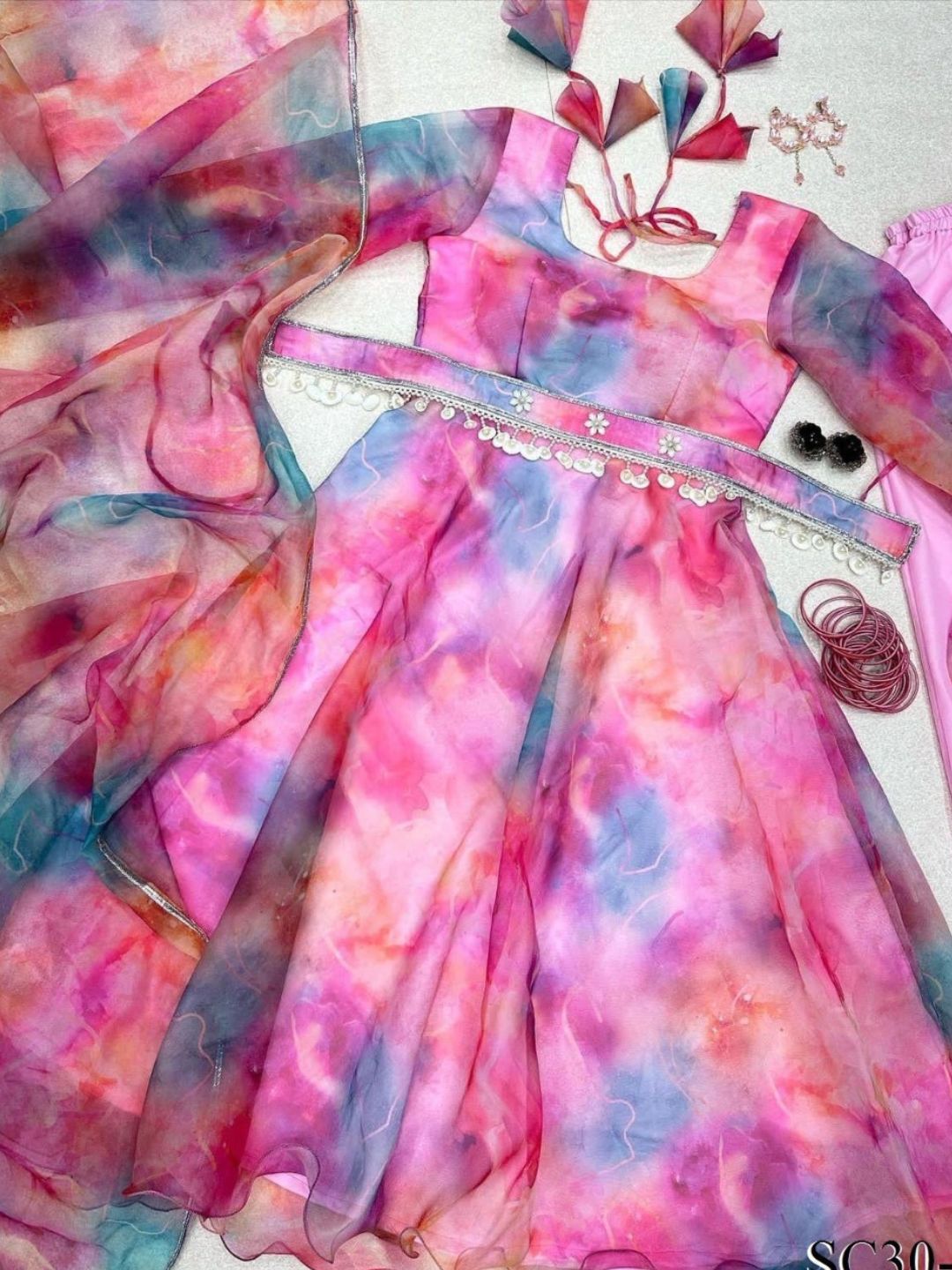 Baby Pink Organza Silk Digital Printed Anarkali Gown with Silk Pants